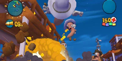 A group of worms being blown into the air by an explosion