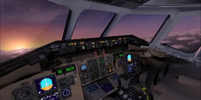 A 45-degree view of the cockpit during an impressive sunset