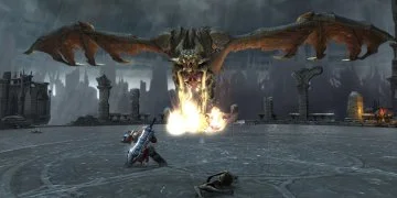 A dragon bringing a wall of fire, the player's way, in a 'boss fight