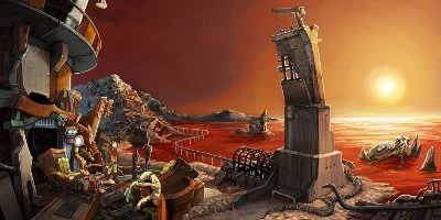 A scenic view of the wasteland-themed planet, during a sunset