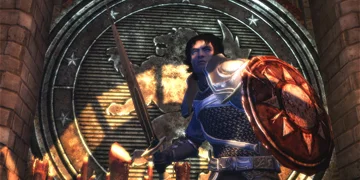 A character in armour with a sheild, stands before a large door