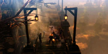 A fight taking place on a very high bridge/pathway