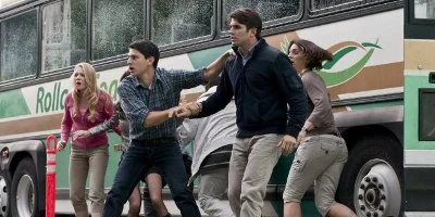 Group Of Friends By A Bus Looking Scared And Running