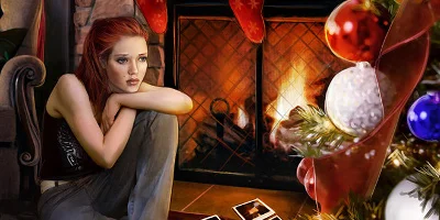 A female character sitting in front of a fire, looking upset