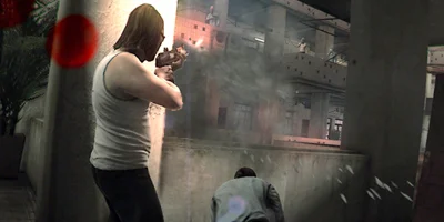 Kane & Lynch, in a shootout with enemies on an opposing balcony