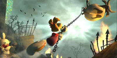 Rayman being dragged through the air by a flying cow