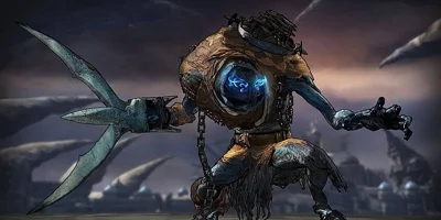 An oddly-shaped enemy with a large triple-blade-like hand