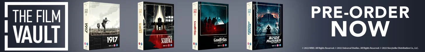 Banner showing the 4 films in the film vault. Text reads The Film Vault. Pre-order now. 2022 WBEI. All rights reserved. 2022 Universal Studios. All Rights Reserved 2022 Storyteller Distribution Co., LLC