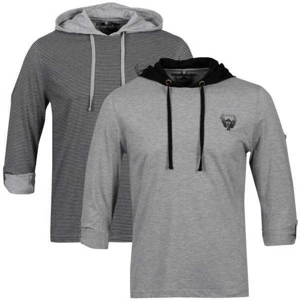 Ringspun Men's 2-Pack Darter Long Sleeve Hooded T-Shirt - Black/Grey stripe + Grey Marl - S - Black/Grey Stripe/Grey Marl Image 1