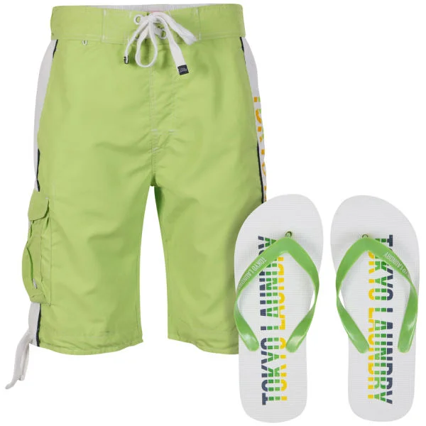 Tokyo Laundry Men's Kiholo Board Short with Flip Flops - Lime Green - S - Lime Green Image 1
