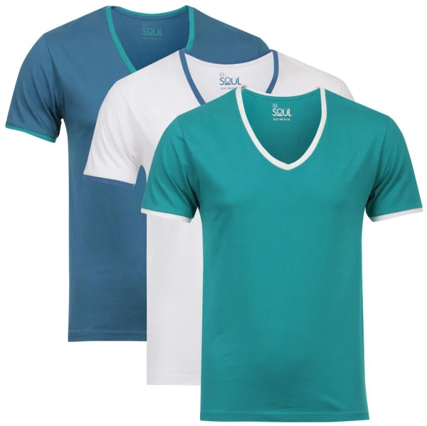 55 Soul Men's 3-Pack V-Neck T-Shirt - Green/White/Blue - S - Multi Image 1