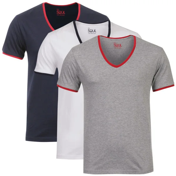 55 Soul Men's 3-Pack V-Neck T-Shirt - Navy/Grey Marl/White - S - Multi Image 1