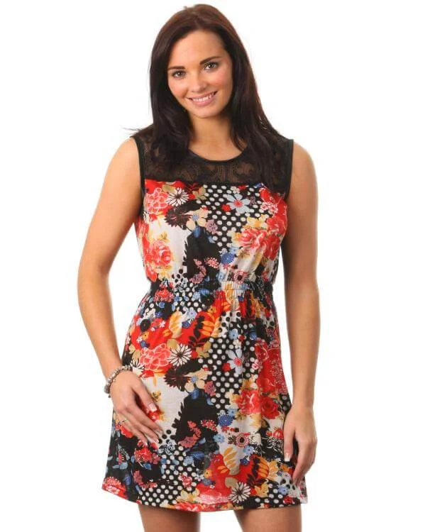 Iska Ladies Lace Panel Dress with Red Pattern - Black - S - Black Image 1