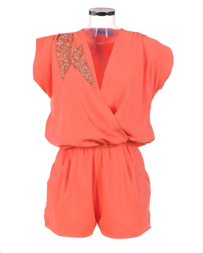Liquorish Sequin Embelishment Playsuit - Coral/Gold - S - Gold Image 1