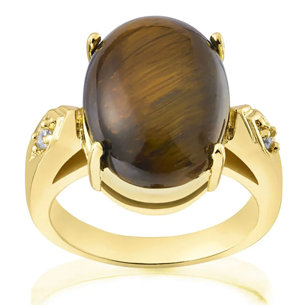 Gold Plated Genuine Oval Tiger Eye Ring - J Image 1