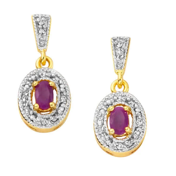 Two Toned Gold Plated Ruby Drop Earrings - One Size Image 1