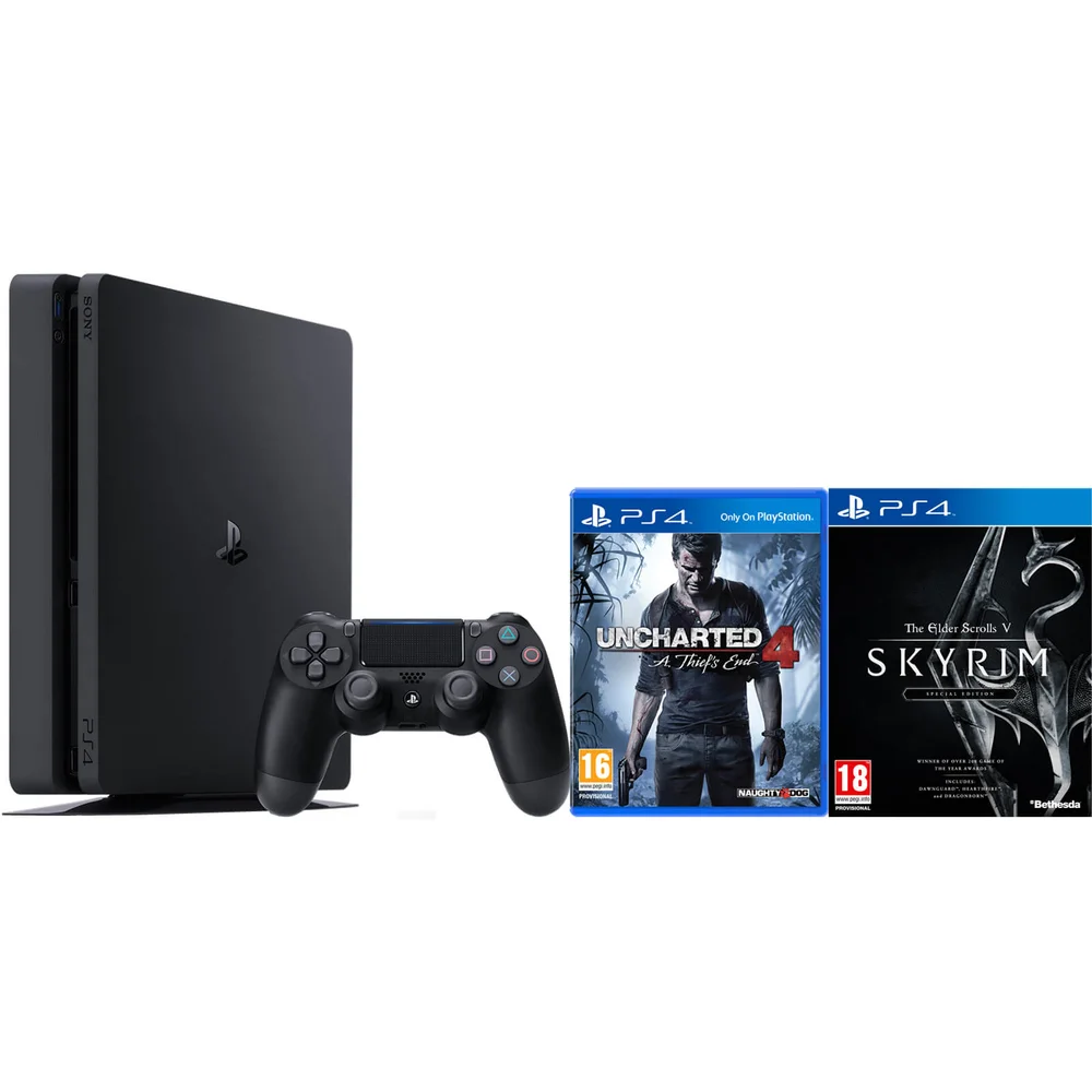 PlayStation 4 Slim 500GB with Uncharted 4 and Skyrim Special Edition Image 1