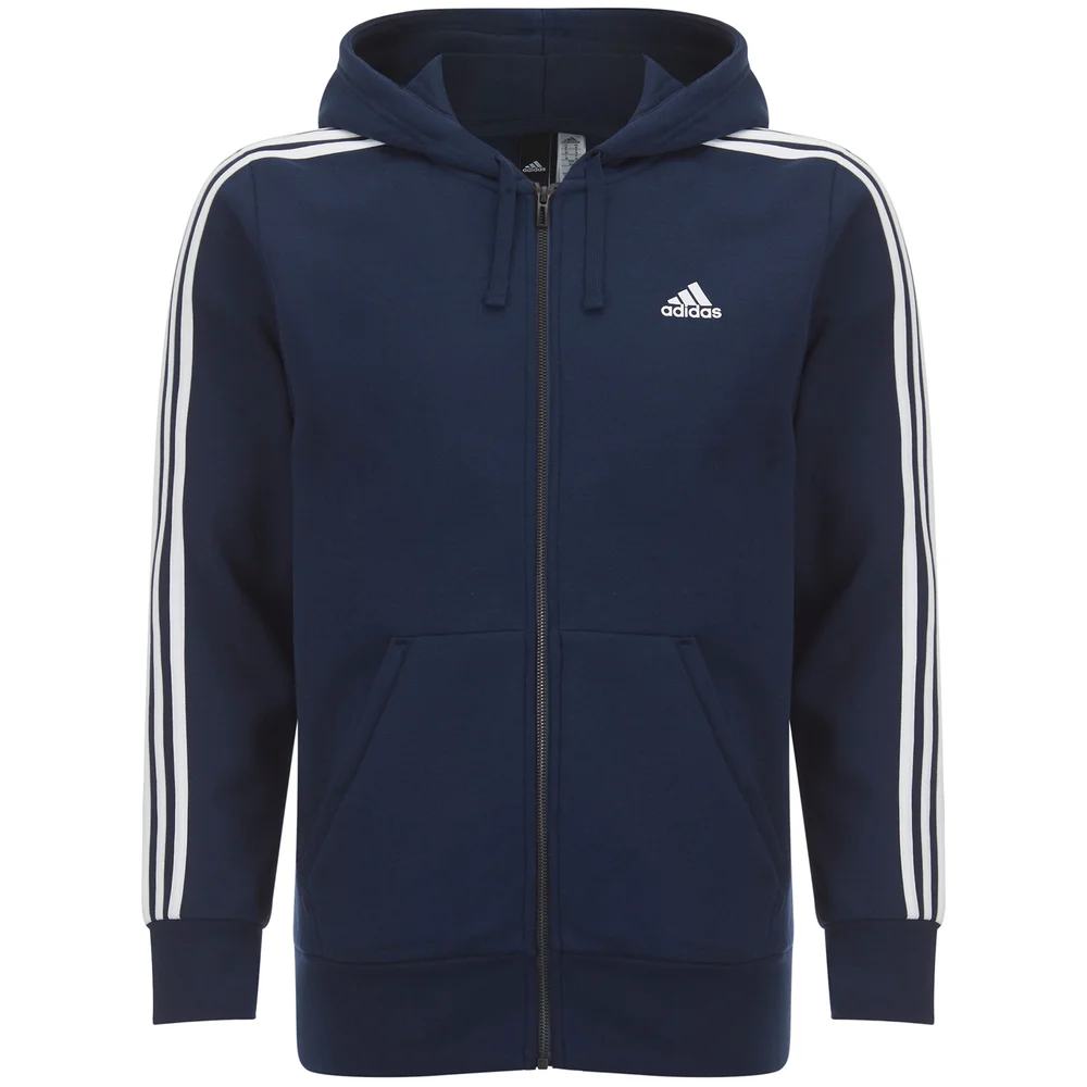 adidas Men's Essential 3 Stripe Fleece Hoody - Navy - S - Blue Image 1