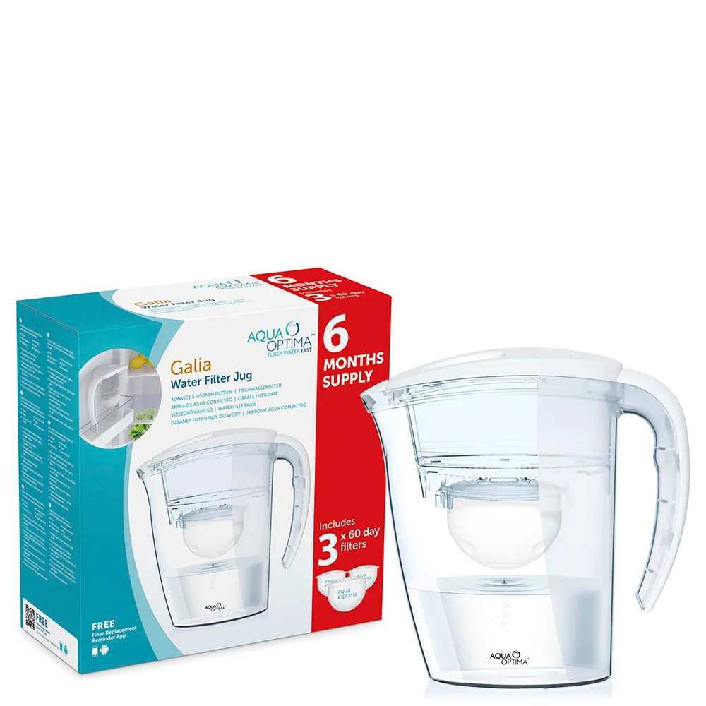Aqua Optima 2.25L White Galia Water Filter Jug with 3 x 60 Day Evolve Filter Cartridges (6 Month Bundle) Image 1