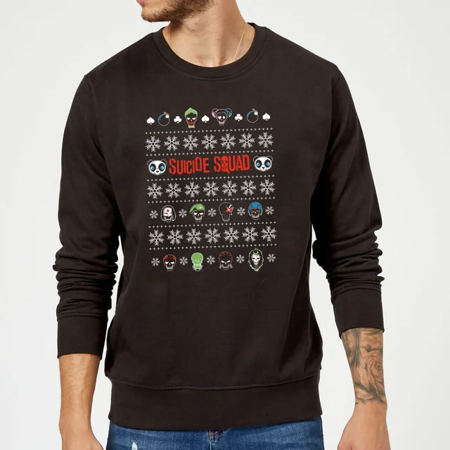DC Comics Suicide Squad Harley Joker Panda Faces Black Christmas Sweater