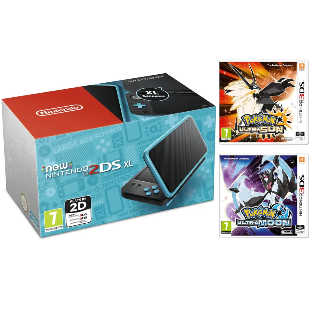 New Nintendo 2DS XL Black & Turquoise with Pokémon Ultra Sun & Moon Image 1