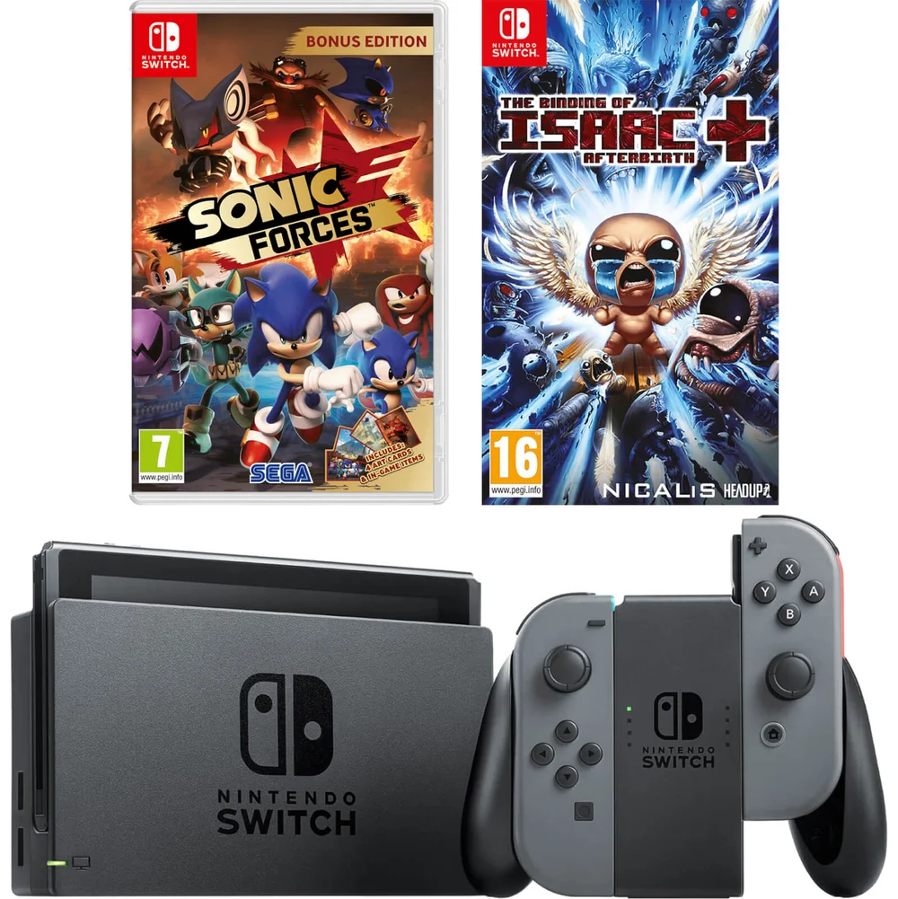 Nintendo Switch Console with Grey Joy-Con, Sonic Forces & The Binding of Issac Image 1