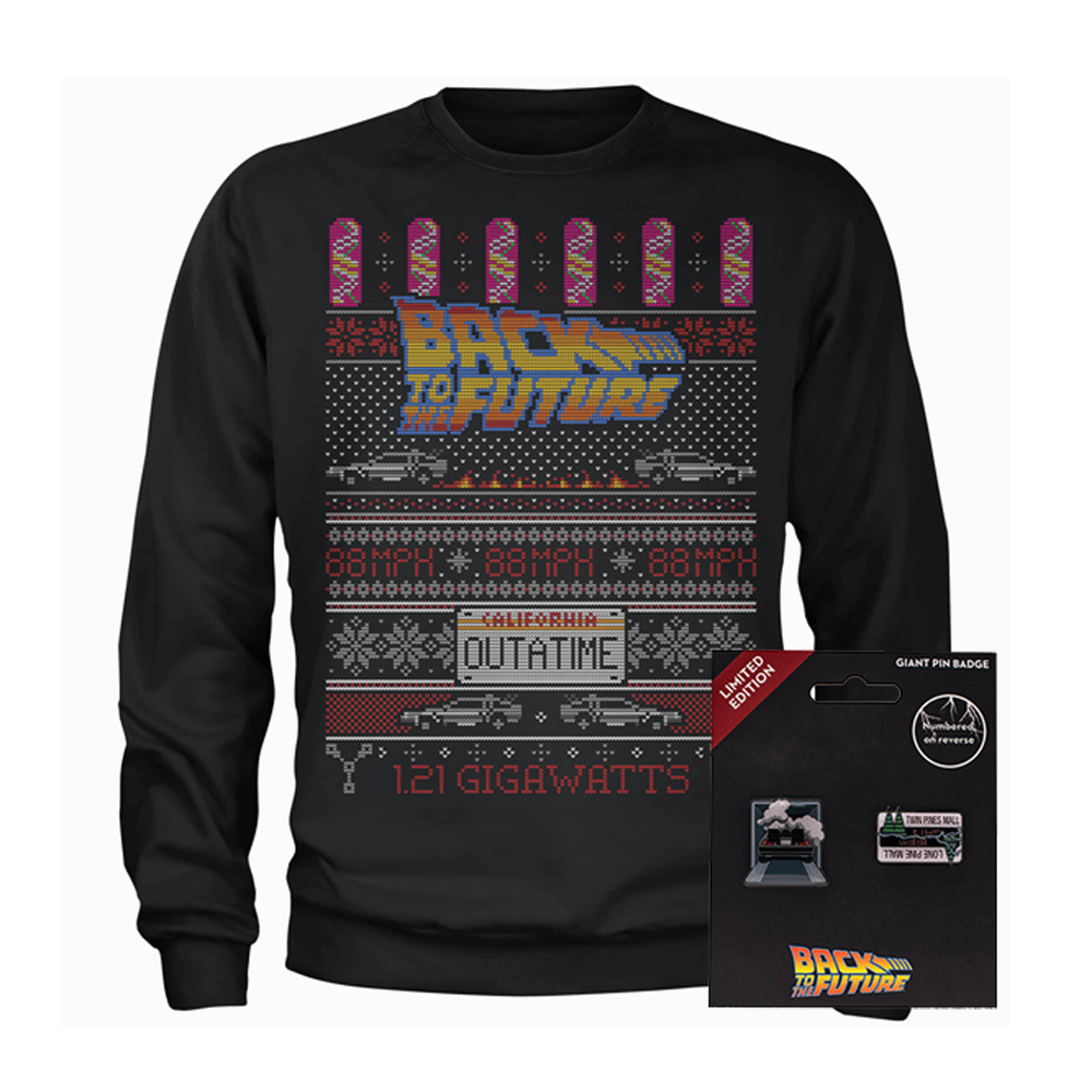 Back To The Future OUTATIME Men's Christmas Sweatshirt and Pin Badge Bundle - S - Black Image 1