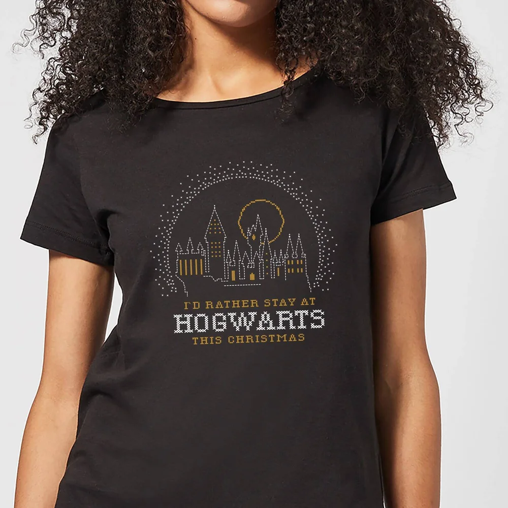 Harry Potter I'd Rather Stay At Hogwarts Women's Christmas T-Shirt - Black - S Image 1