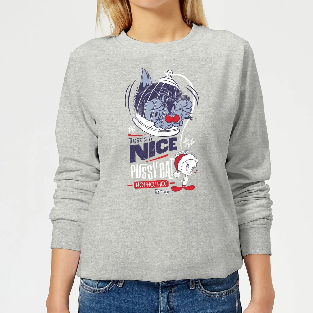 Looney Tunes Tweety Pie Pussy Cat Women's Christmas Sweater - Grey - 3XL - Grey Image 1