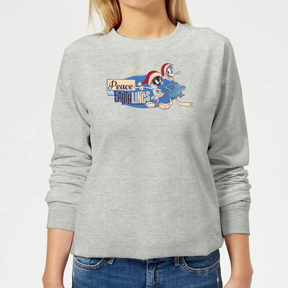 Looney Tunes Peace Among Earthlings Women's Christmas Sweater - Grey - 3XL - Grey Image 1