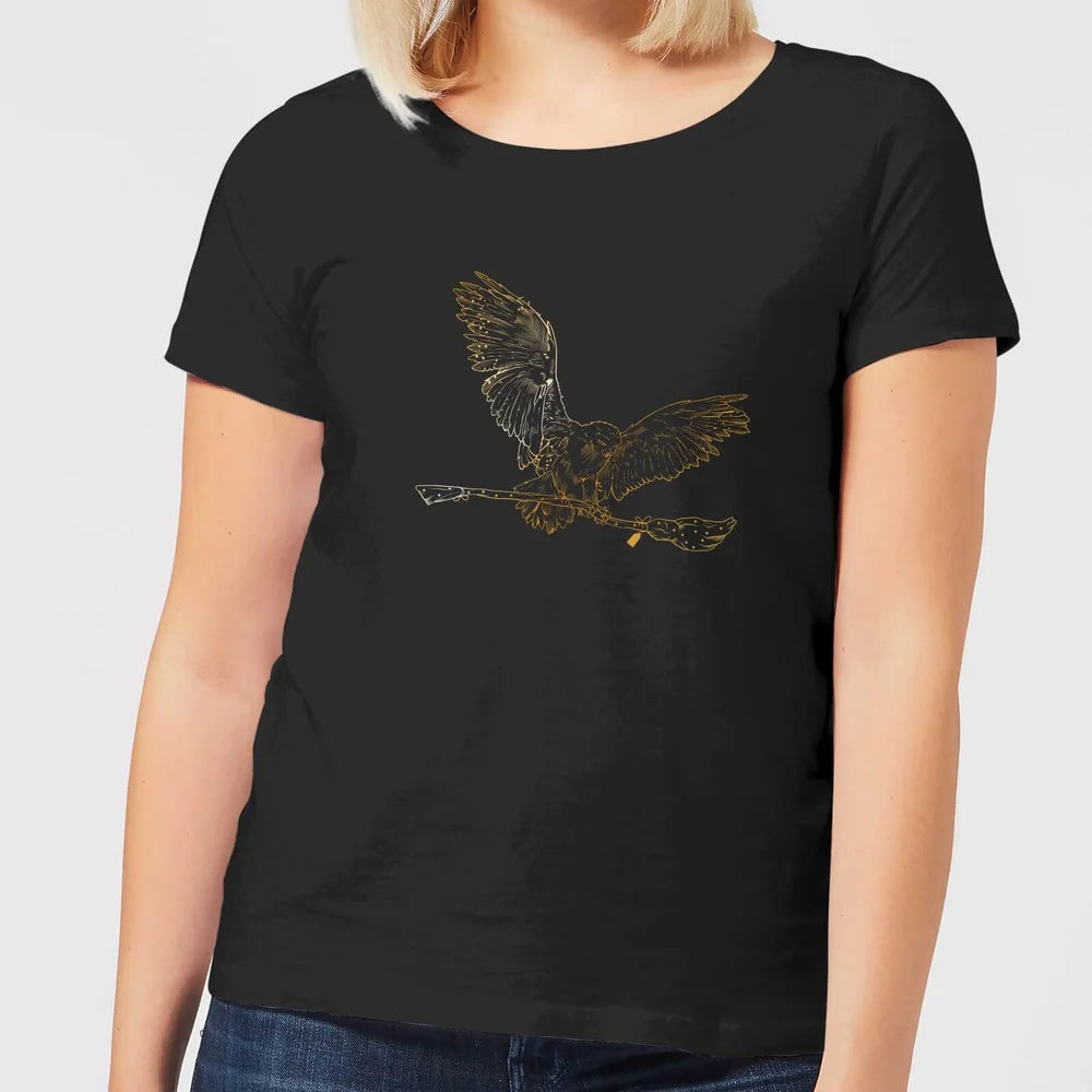 Harry Potter Hedwig Broom Gold Women's T-Shirt - Black - S Image 1