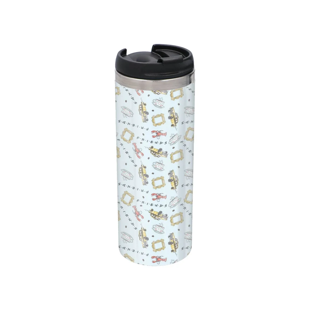 Friends Pattern Cool Tone Stainless Steel Thermo Travel Mug - Metallic Finish Image 1