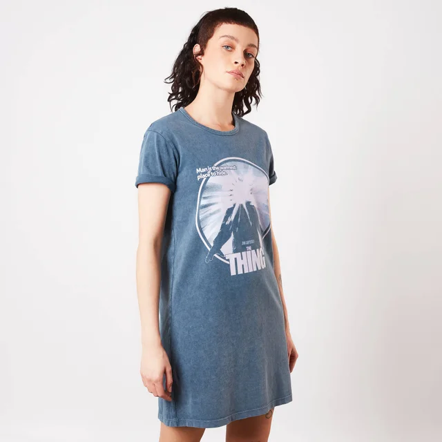 The Thing Man Is The Warmest Place To Hide Women's T-Shirt Dress - Navy Acid Wash