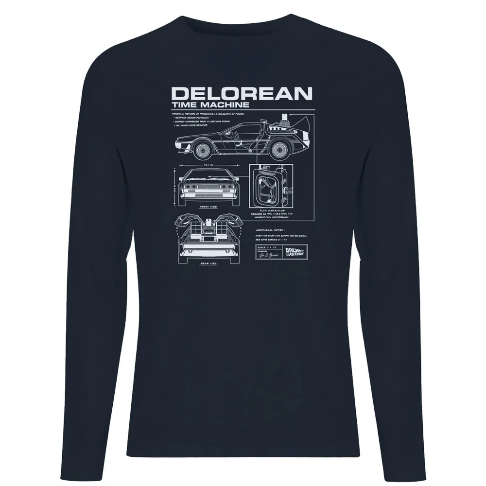Back To The Future Delorean Schematic Unisex Long Sleeve T-Shirt - Navy - S Image 1