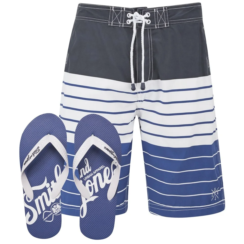 Smith & Jones Men's Shore Board Shorts with Free Flip Flops - Navy - S - Blue Image 1