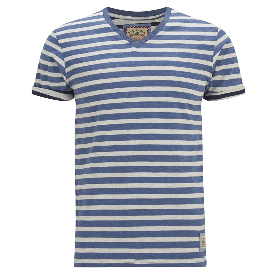 Brave Soul Men's Boson Striped V Neck T-Shirt - Dusty Blue Marl - S - Blue Image 1