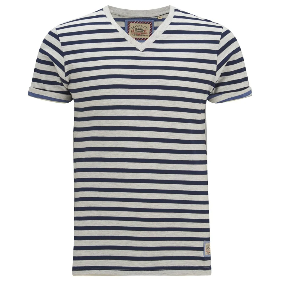 Brave Soul Men's Boson Striped V Neck T-Shirt - Ecru Marl - S - Cream Image 1