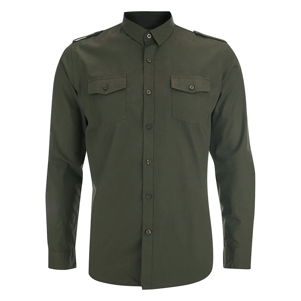 Brave Soul Men's Charlie Pocket Long Sleeve Shirt - Khaki - S - Green Image 1