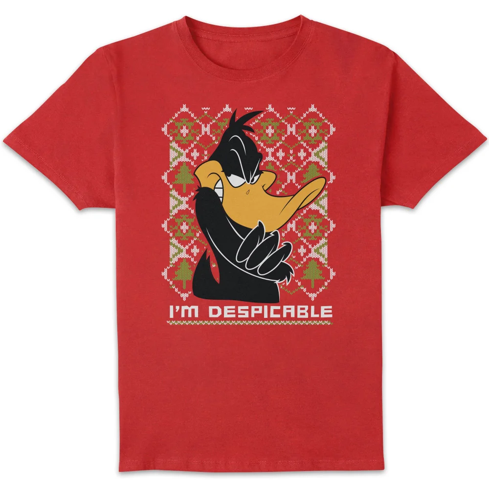 Looney Tunes Daffy Duck Knit Men's Christmas T-Shirt - Red - S Image 1