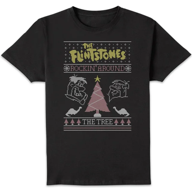 Flintstones Rockin Around The Tree Men's Christmas T-Shirt - Black