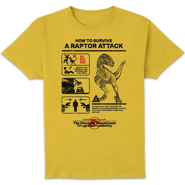 Jurassic World Raptor Attack Survival Guide Unisex T-Shirt - Yellow