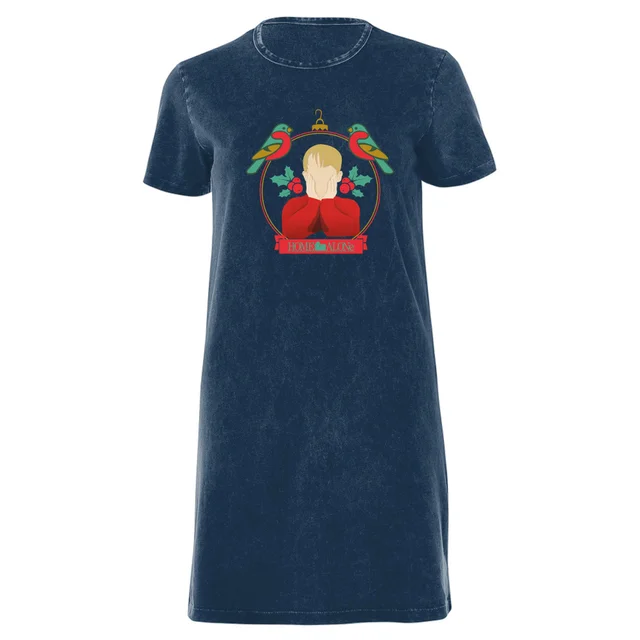 Home Alone Christmas Bauble Women's T-Shirt Dress - Navy Acid Wash