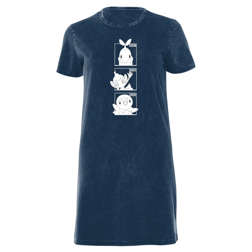 Pokemon Generation 4 Monochrome Starters Women's T-Shirt Dress - Navy Acid Wash - XXL Image 1