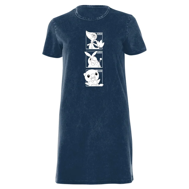 Pokemon Generation 5 Monochrome Starters Women's T-Shirt Dress - Navy Acid Wash