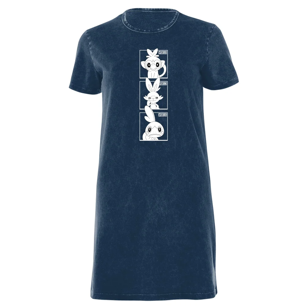 Pokemon Generation 8 Monochrome Starters Women's T-Shirt Dress - Navy Acid Wash - XXL Image 1