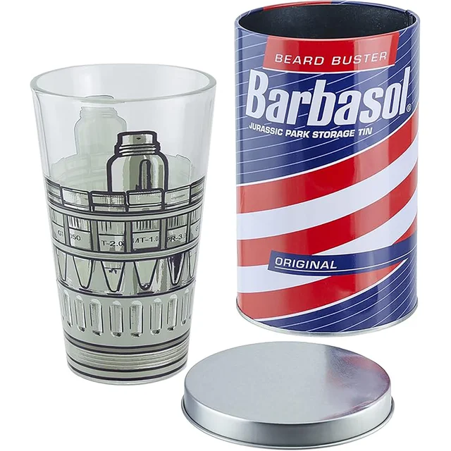 Jurassic Park Drinking Glass in a Collectible Barbasol Shaving Cream Tin