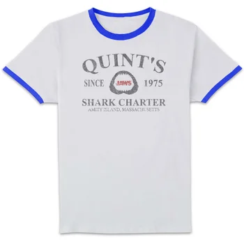 Jaws Quint's Shark Charter Unisex Ringer T-Shirt - White/Navy