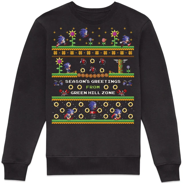 Sonic The Hedgehog Seasons Greetings From Green Hill Zone Christmas Jumper Sweatshirt - Black