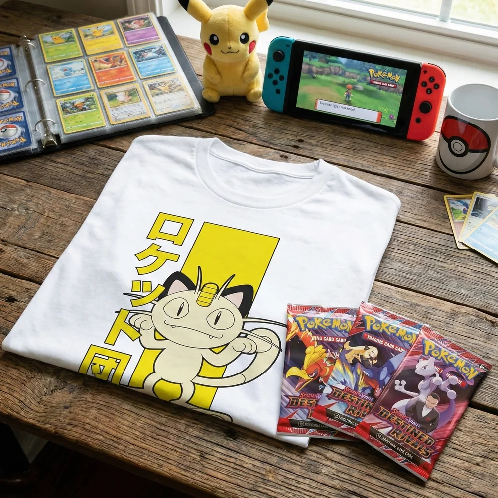 Pokémon Team Rocket Meowth T-Shirt & Pokémon TCG Bundle - 3 x Destined Rivals Booster Packs - L Image 1