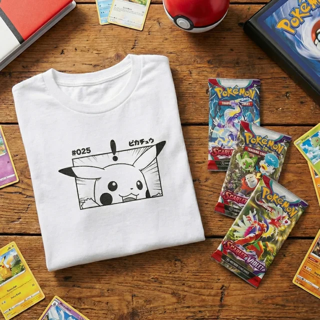 Pokémon Pikachu T-Shirt & Pokémon TCG Bundle - 3 x Base Set Scarlet & Violet Booster Packs